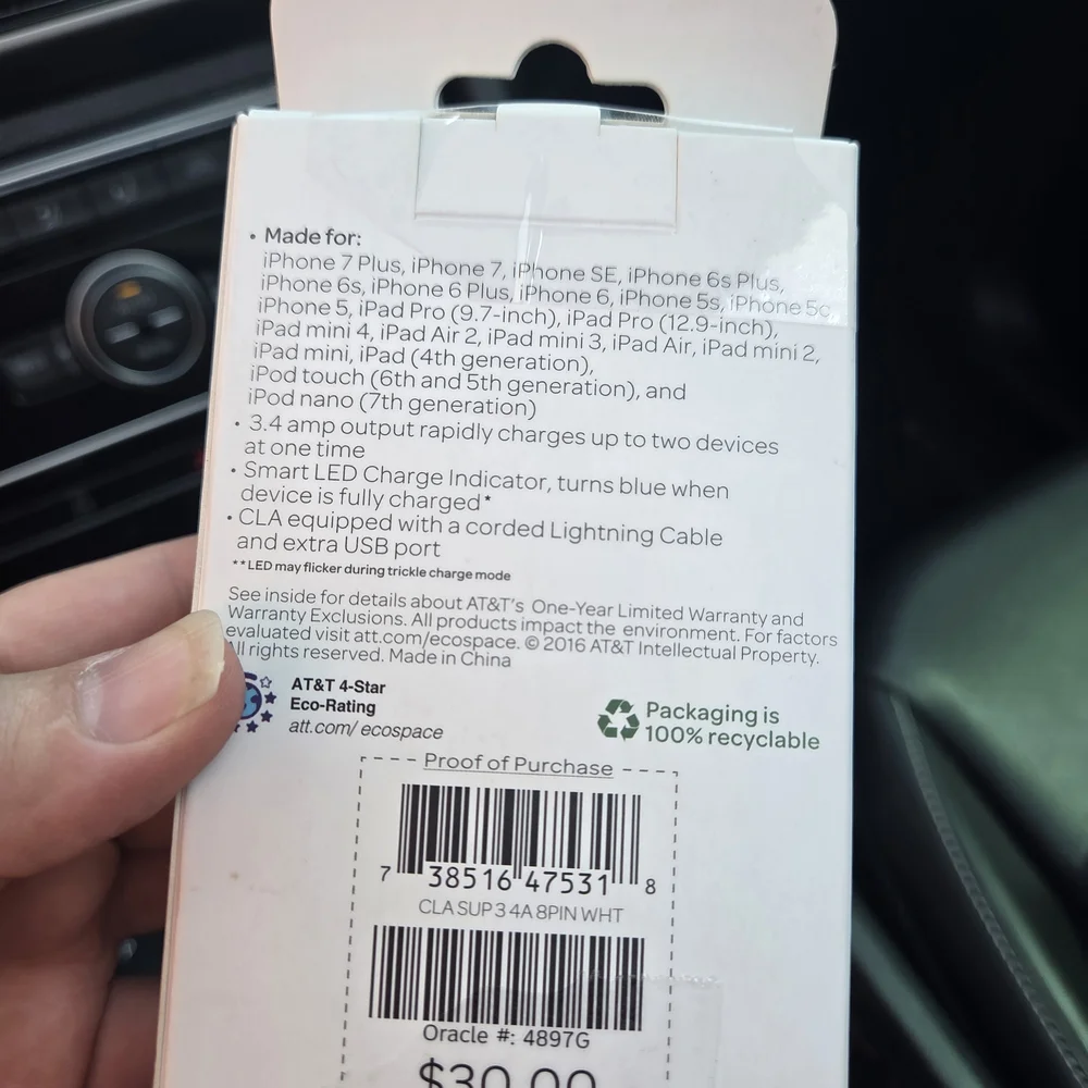 AT&T White Car Charger with LED Indicator and Lightning Cable